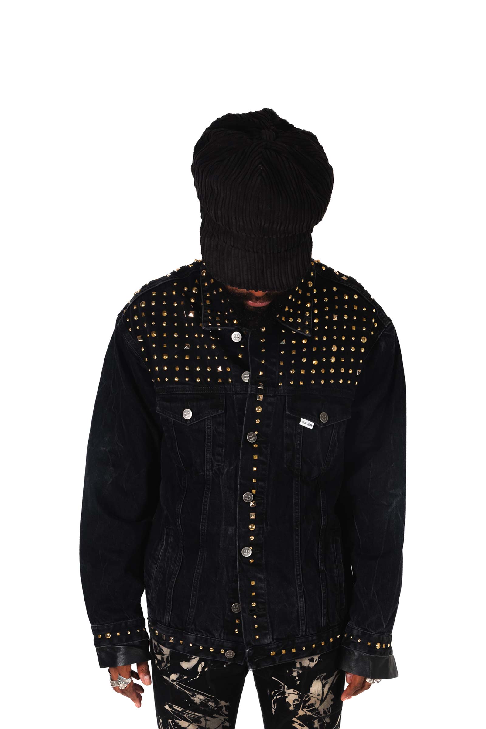BAD BOY - STUDDED PRINTED PATCH DENIM WITH LEATHER CUFFS BLACK