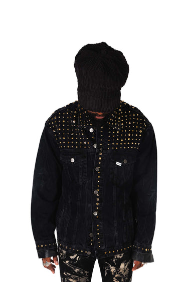 BAD BOY - STUDDED PRINTED PATCH DENIM WITH LEATHER CUFFS BLACK DENIM JACKET