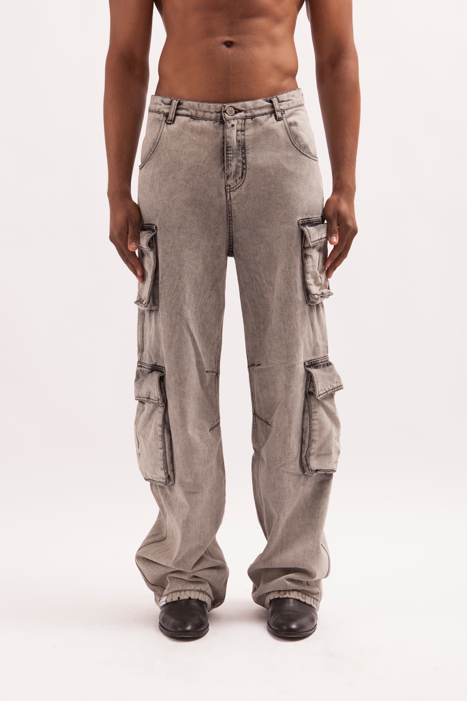 FOOLISH CARGO- LOOSE FIT ACID WASH MULTIPOCKETS BLACK DENIM