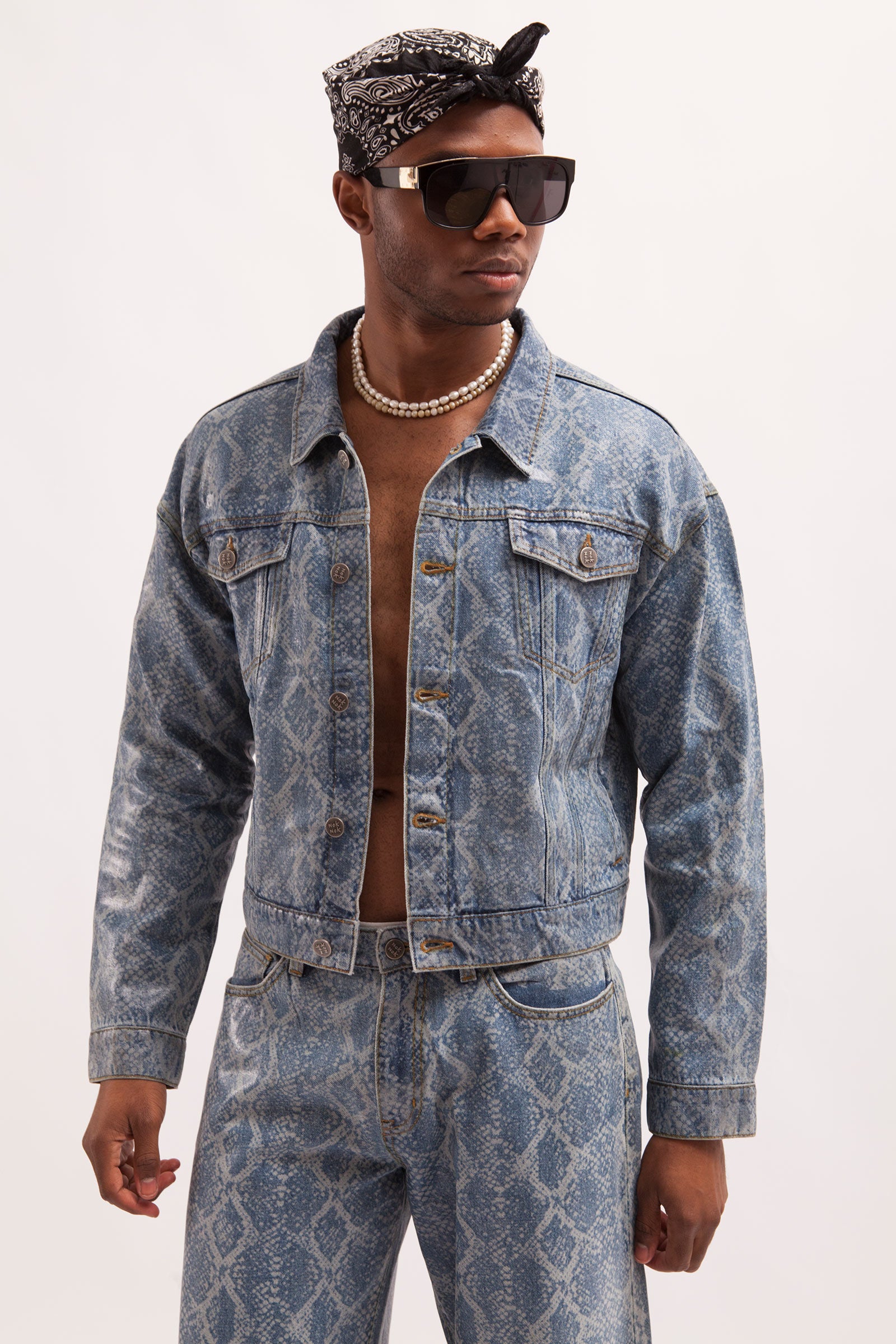 HURRICANE- SNAKE SKIN LASER PRINTED CROPPED TRUCKER JACKET WITH