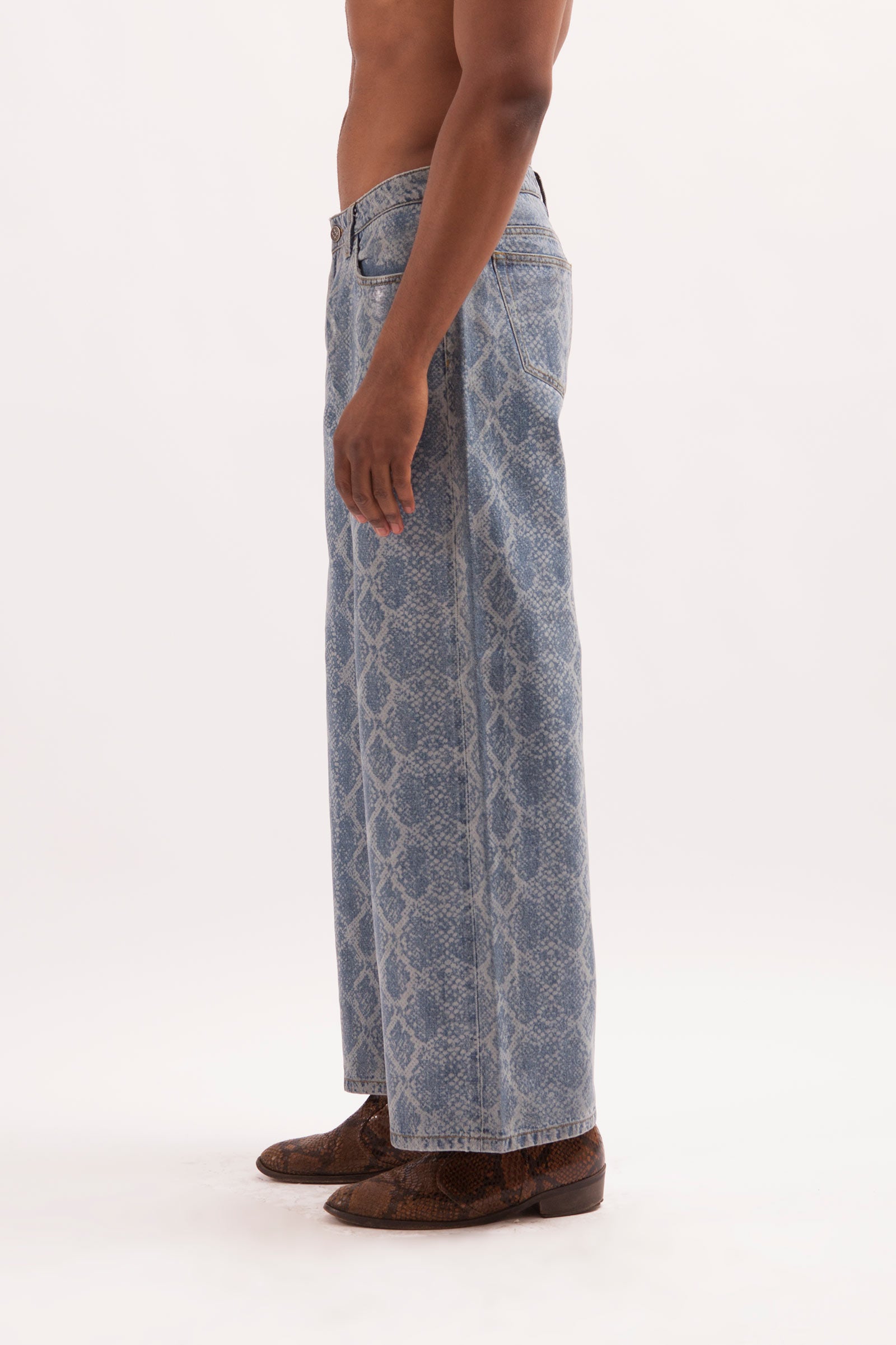 SOPHISTICATED- BAGGY FIT SNAKE SKIN LASER PRINT COATED JEANS – Nok