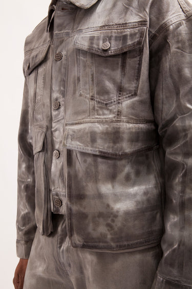 THE NIGHT SKY- TIE DYE CANVAS LOOSE CROPPED TRUCKER JACKET WITH OVERSIZED FRONT UTILITY POCKETS